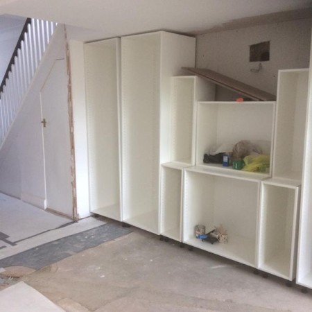 New Kitchen, Muswell Hill, N10. Job included: Lowered ceiling so level, built a level partition to hang the new cabinets, rewiring, down lights, double sockets, tiling and more.